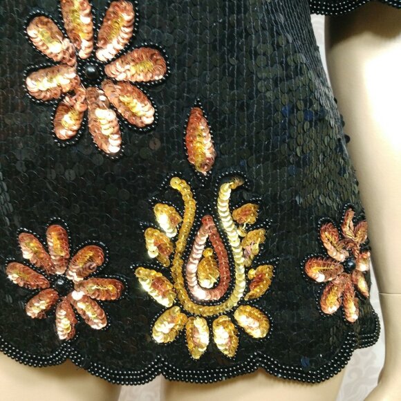 Vintage 80s Stenay Sequin Silk Top Blouse Size S M Black Gold Bronze Cocktail - Picture 2 of 12